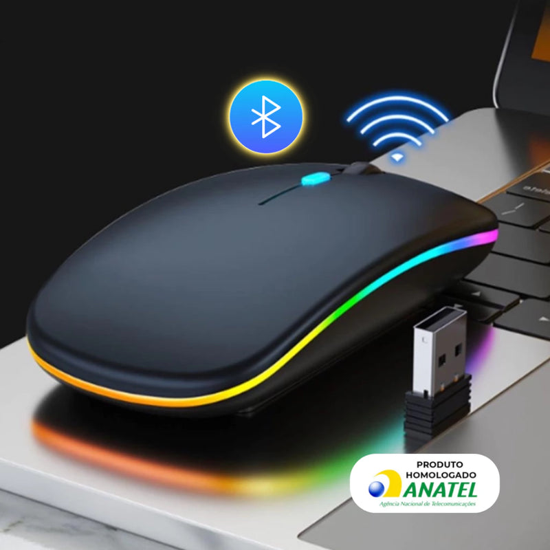 Mouse Sem Fio Wireless Recarregavel Led Rgb 2,4GHz Bluetooth Bateria Interna Ergonômico Silencioso