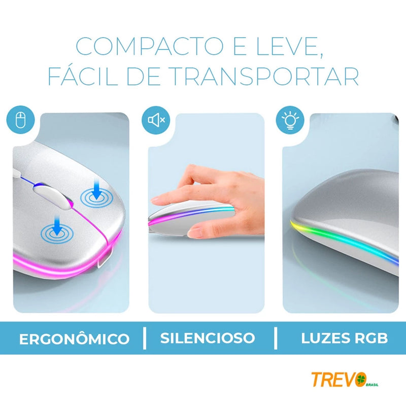 Mouse Sem Fio Wireless Recarregavel Led Rgb 2,4GHz Bluetooth Bateria Interna Ergonômico Silencioso