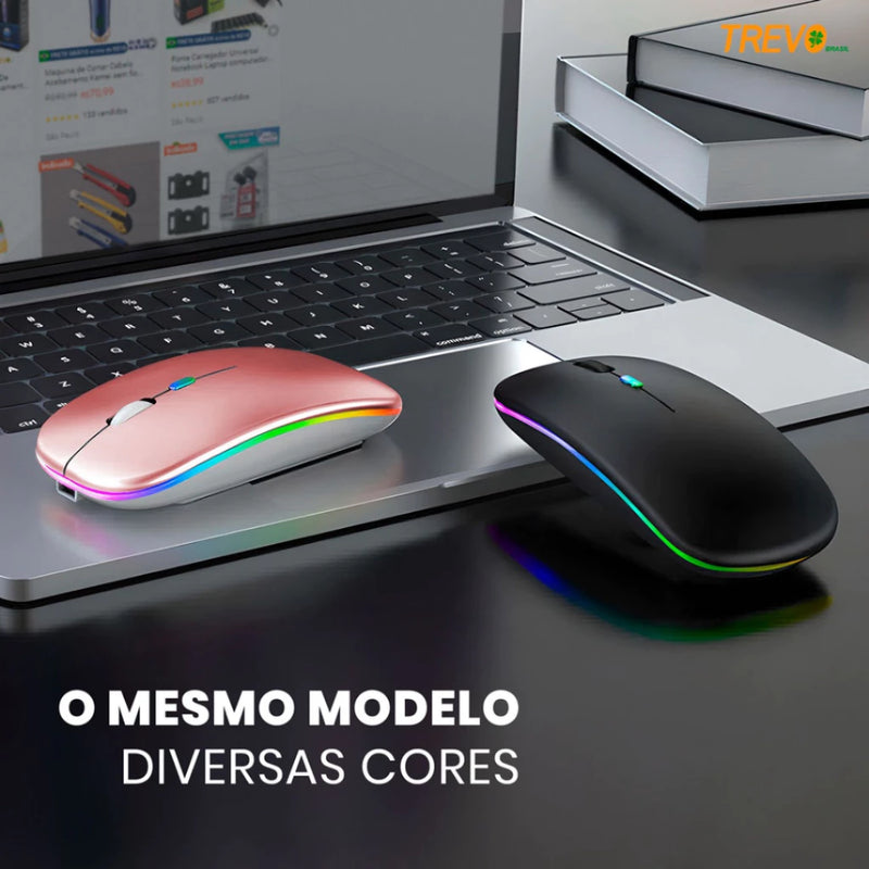 Mouse Sem Fio Wireless Recarregavel Led Rgb 2,4GHz Bluetooth Bateria Interna Ergonômico Silencioso