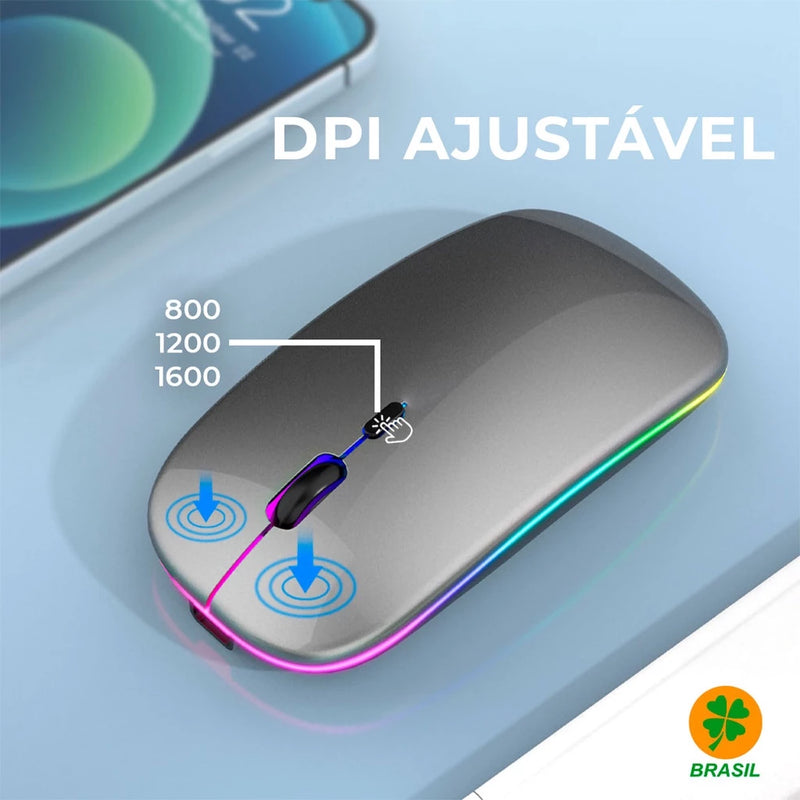 Mouse Sem Fio Wireless Recarregavel Led Rgb 2,4GHz Bluetooth Bateria Interna Ergonômico Silencioso