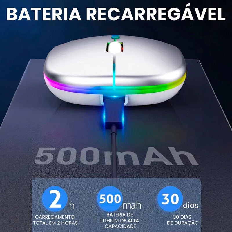 Mouse Sem Fio Wireless Recarregavel Led Rgb 2,4GHz Bluetooth Bateria Interna Ergonômico Silencioso