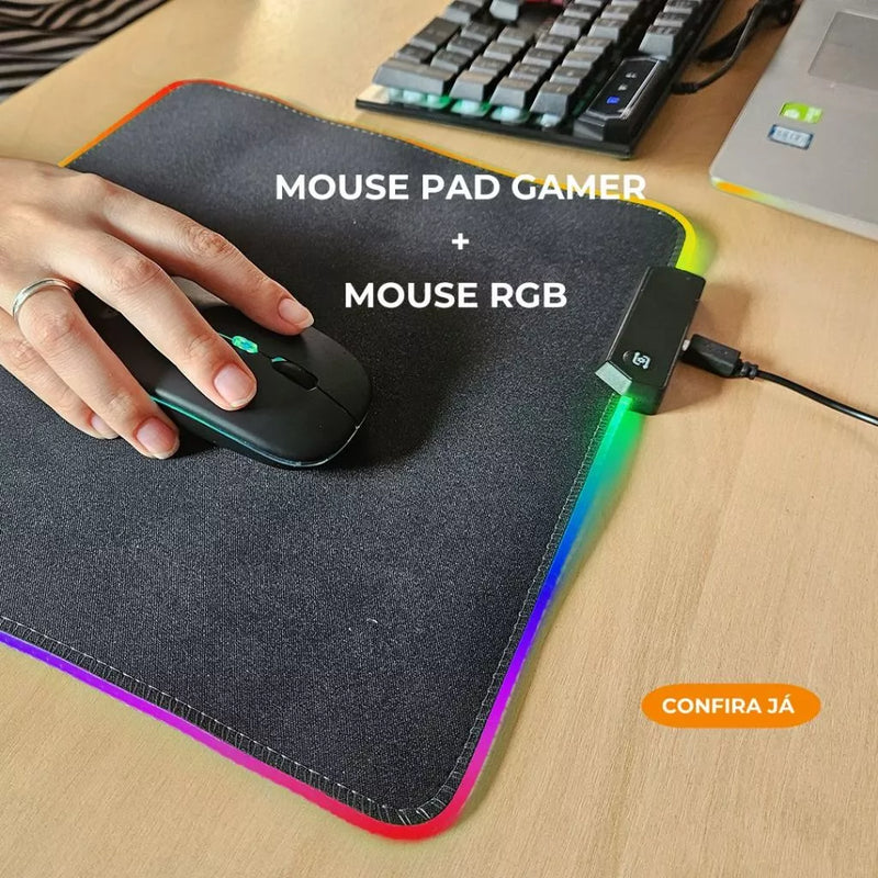 Mouse Sem Fio Wireless Recarregavel Led Rgb 2,4GHz Bluetooth Bateria Interna Ergonômico Silencioso