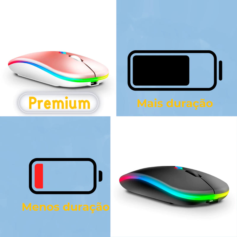 Mouse Sem Fio Wireless Recarregavel Led Rgb 2,4GHz Bluetooth Bateria Interna Ergonômico Silencioso